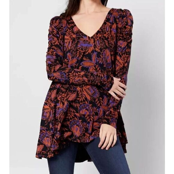 Free People OB1068116 Women's Sz XS Black Floral Print Hello Lover Tunic Top - Picture 8 of 9